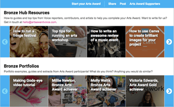 Bronze Hub screenshot for Arts Award Blog