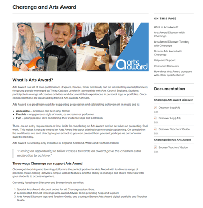 Charanga Arts Award Area page screenshot