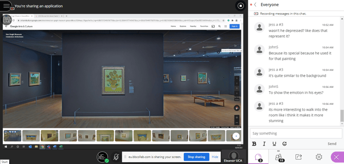 Screenshot of a Google Arts and Culture gallery tour. The young people are discussing Van Gogh's Sunflowers in the chat to the right-hand side of the screen.